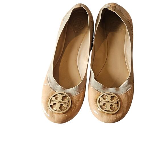 Tory Burch sz 9 Caroline Ballet Flats Slip On Beige Patent Leather gold nude - Picture 1 of 9